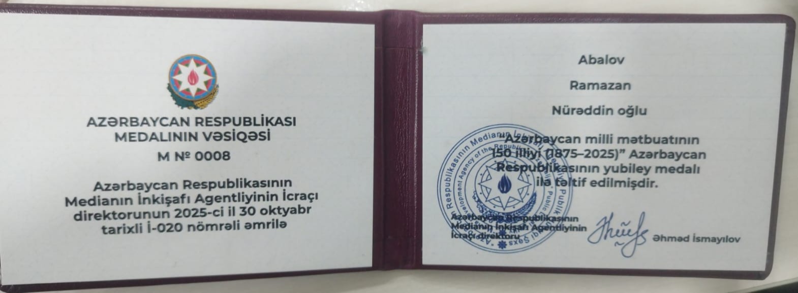 Milli Mətbuatın 150 illiyi münasibətilə təltif Azərbaycan milli mətbuatının 150 illiyi münasibətilə Media İnkişafı Agentliyi tərəfindən yubiley medalı ilə təltif olunmaq mənim üçün böyük bir şərəfdir. Bu medal təkcə şəxsi deyil, həm də "Yeni Balakən" –nin, bütün yaradıcı dostlarımızın, yerli qəhrəmanlarımızın və Balakənin ruhunu yaşadan hər kəsin uğurudur. Bu təltif, mətbuatın gücünə, yerli hekayələrin dəyərinə və ictimai yaddaşın qorunmasına olan inamımızın rəsmi təsdiqidir. Bu yolda bizimlə olan hər kəsə təşəkkür edirəm. Ramazan Abalov